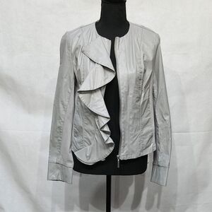 Kut from the Kloth Dahliana Grey Ruffle Faux Leather Moto Zip Up Jacket Sz S